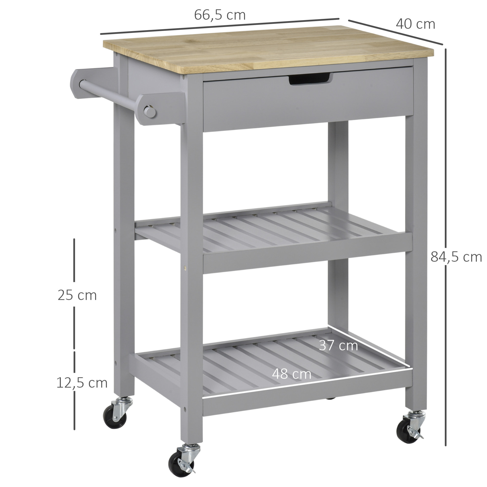 Desserte de cuisine à roulettes - chariot de service - tiroir, 2 étagères - plateau bois hévéa MDF gris