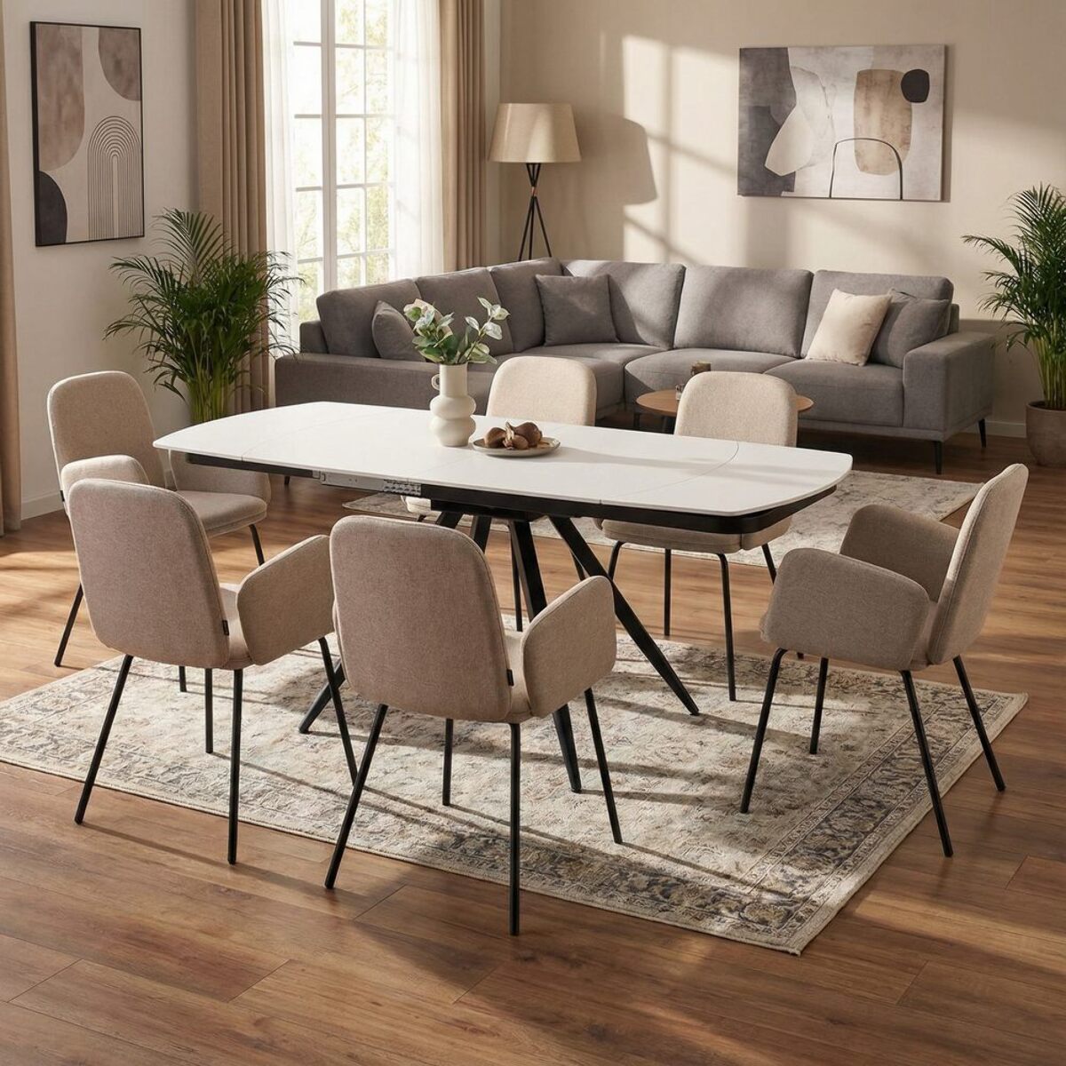 Set 2 sedie con braccioli in tessuto beige e gambe nere in metallo - Kendal