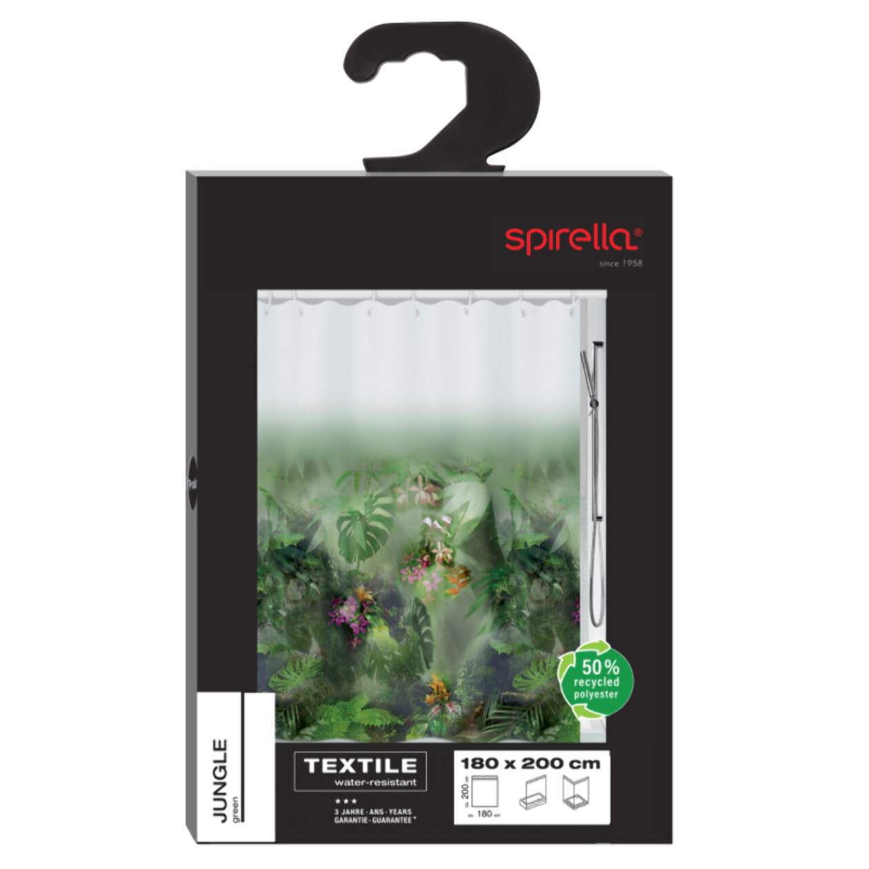Rideau de douche Polyester JUNGLE 180x200cm Vert Spirella
