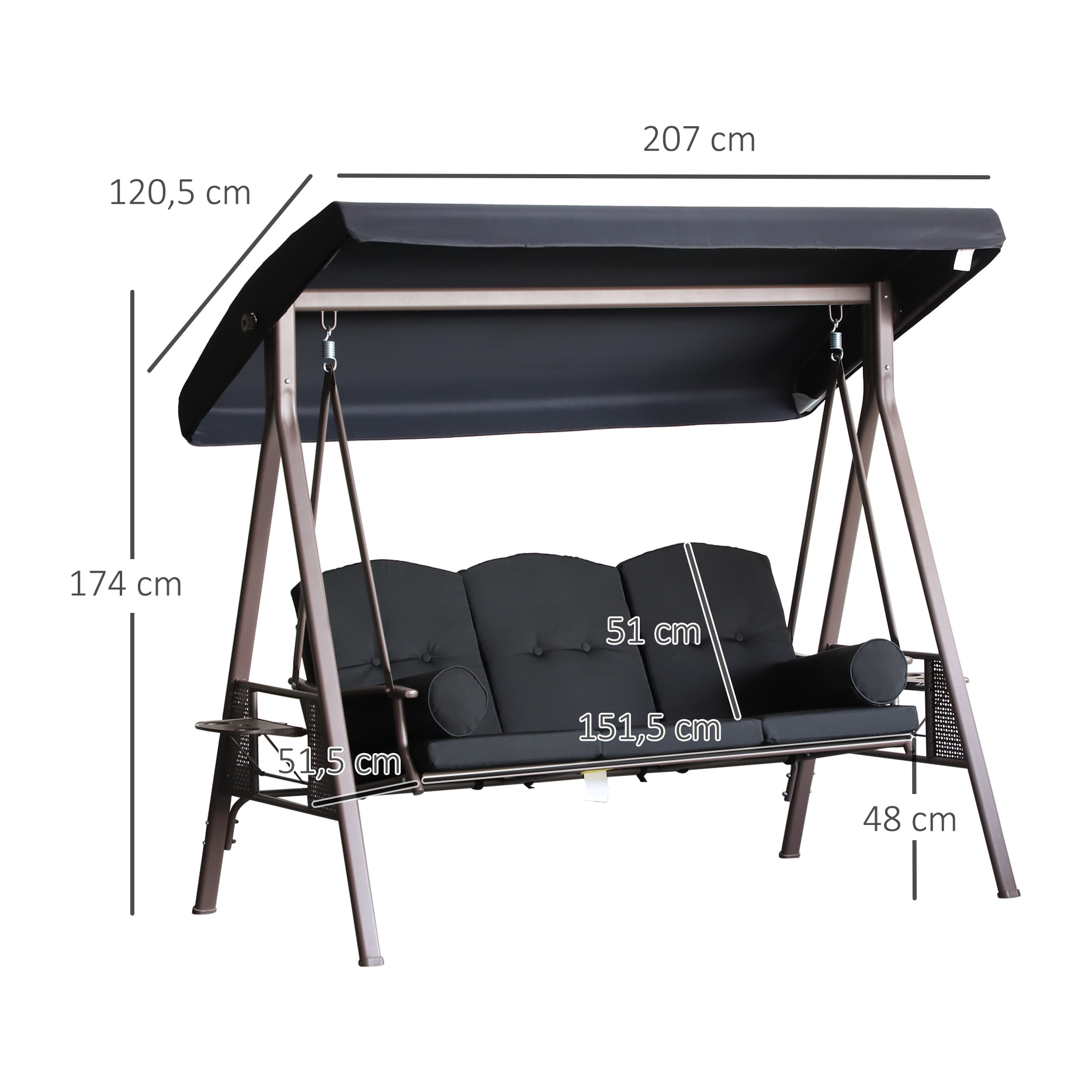 Balancín de Jardín Exterior de 3 Plazas Columpio de Jardín Exterior con Toldo Ajustable Bandejas Laterales 2 Almohadas y Marco de Metal Carga 360 kg 207x120,5x174 cm Negro