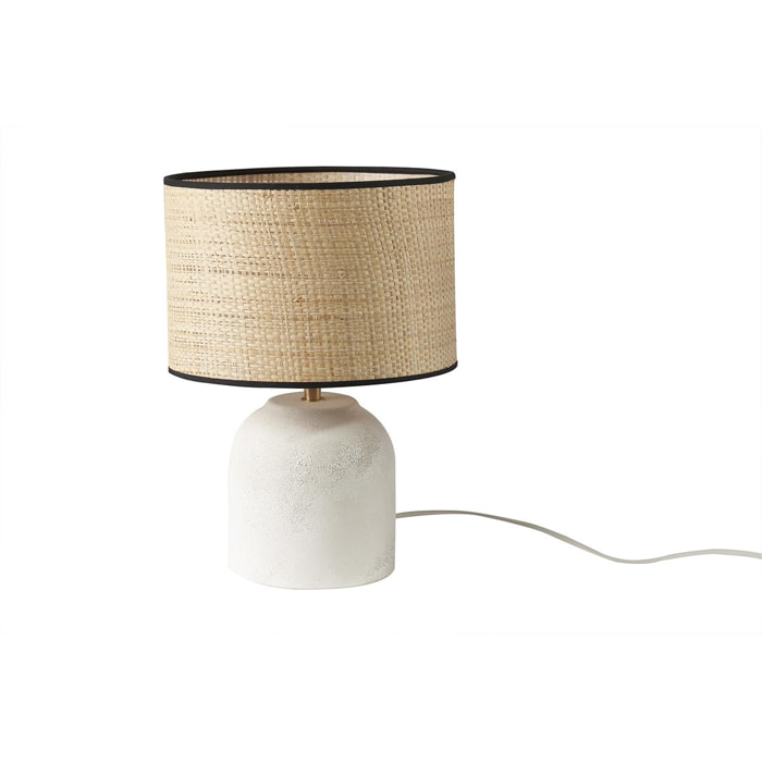 Lampe à poser blanche en céramique effet pierre et abat-jour en raphia H35 cm ROCHA