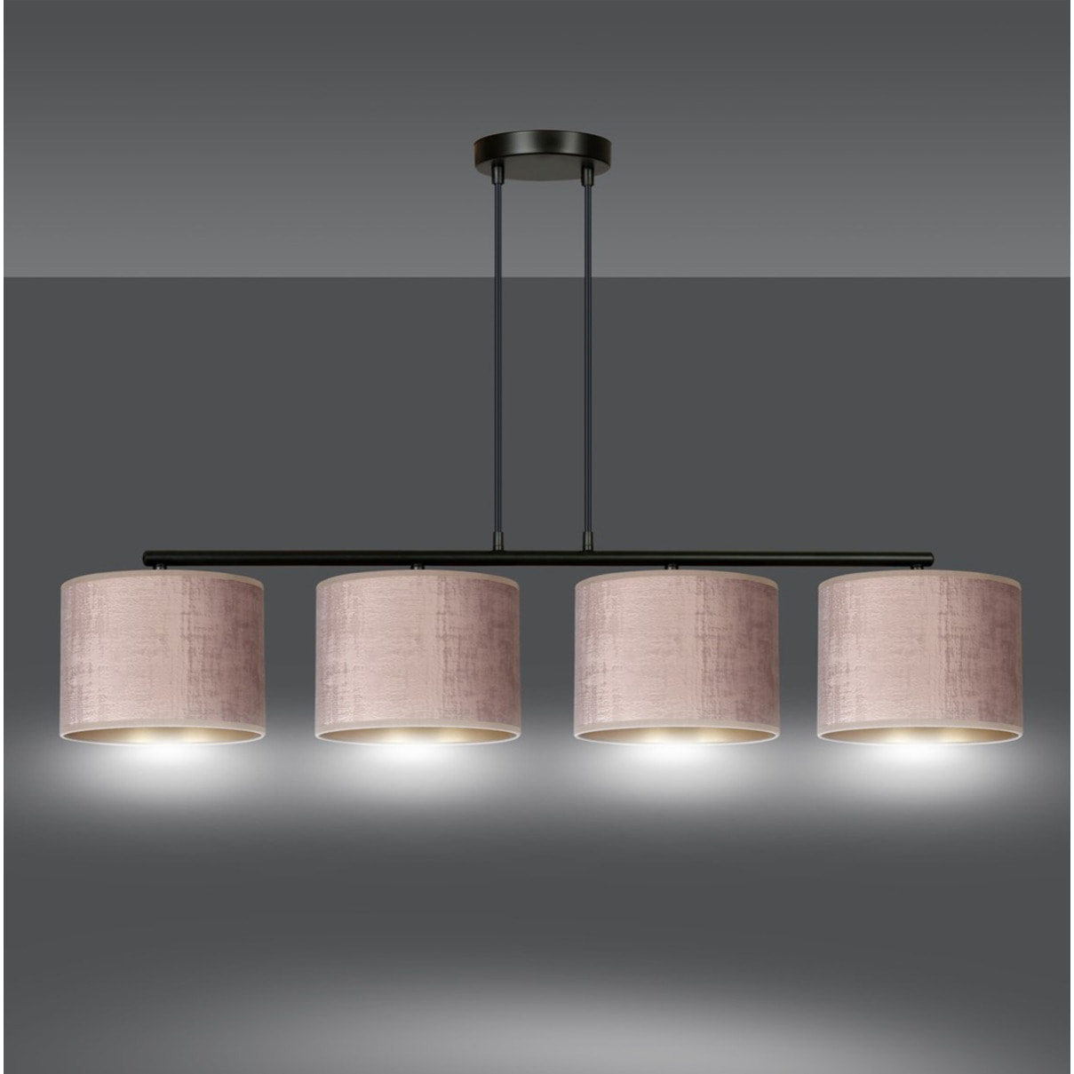 Lampada a sospensione Hilde in acciaio nero e velluto rosa antico