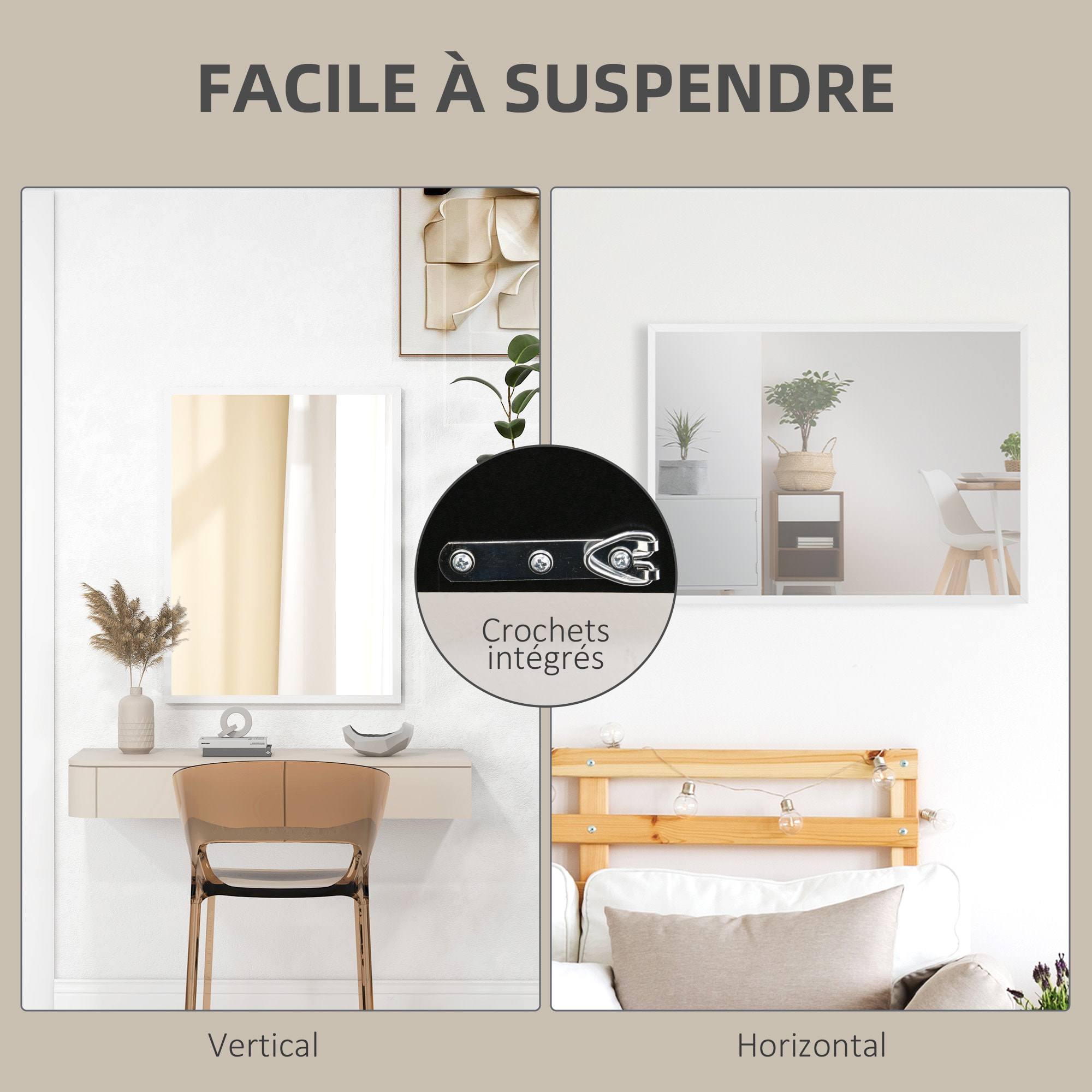 Miroir mural rectangulaire dim. 60L x 80H cm MDF blanc