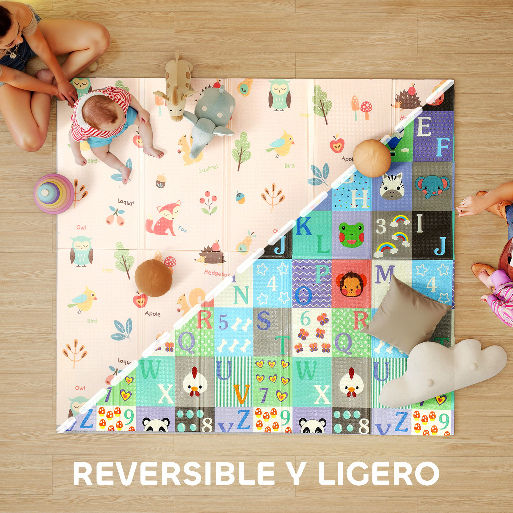 Alfombra Bebé Acolchada Plegable Reversible 150x180 cm, Tapete de Actividades Bebé XPE, Doble Cara Impermeable, con Bolsa de Transporte, Multicolor
