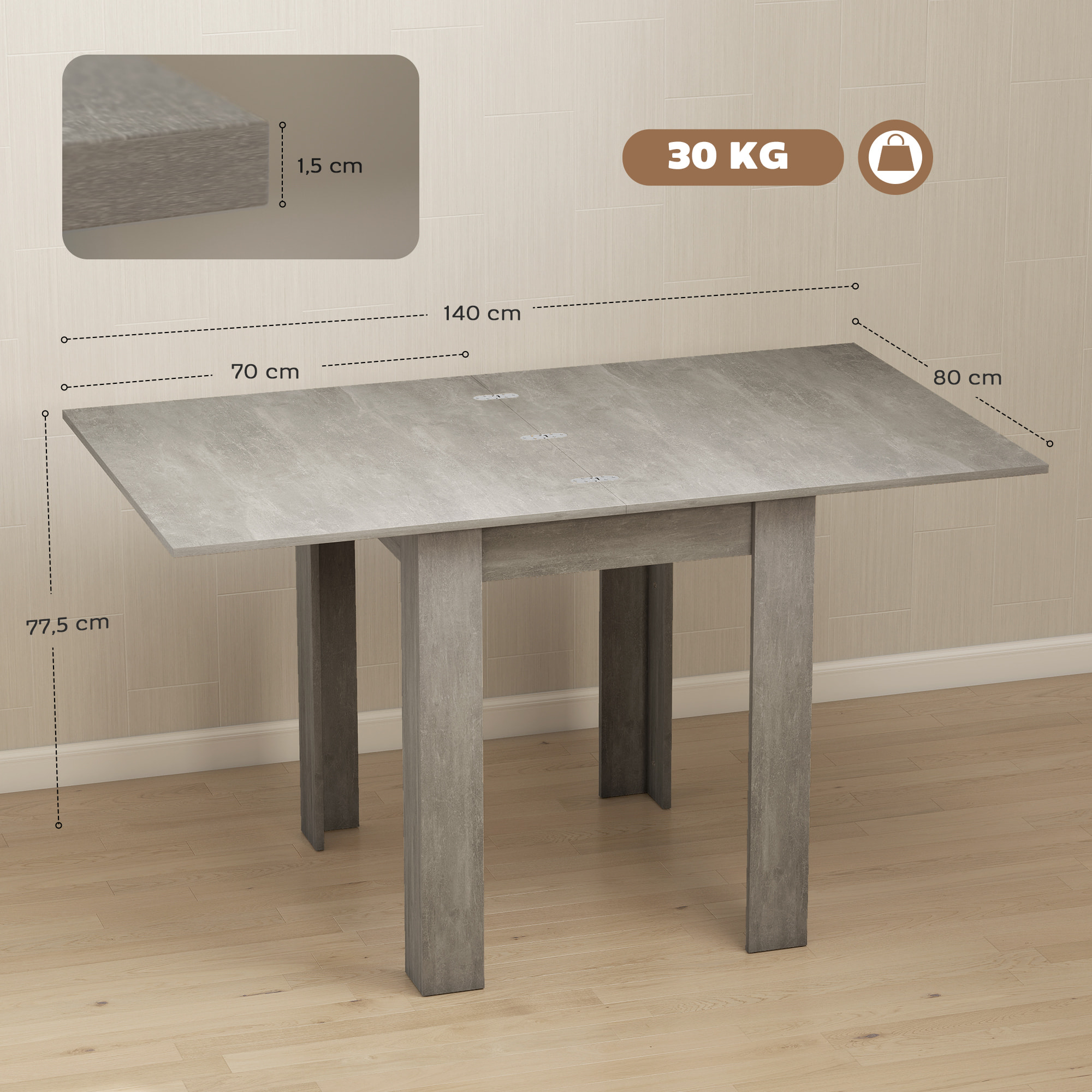 Table extensible 4-6 personnes 70-140L x 80P x 79H cm effet bois gris
