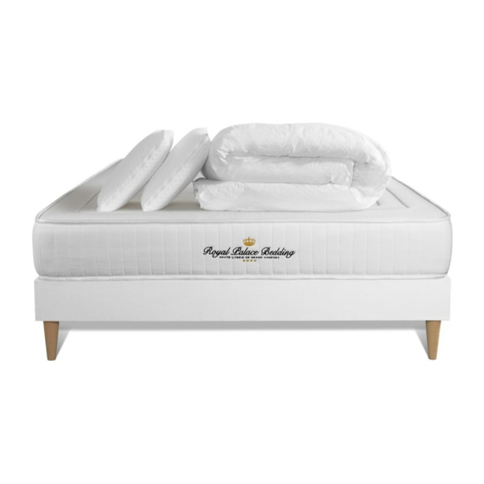 Pack prêt à dormir matelas LANCASTER ressorts ensachés et mémoire de forme + sommier kit blanc + Couette + 2 oreillers