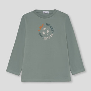 Camiseta niño verde de manga larga de punto, estampado Street Monkey Soccer Club, cuello redondo | Color: Verde medio | Street Monkey