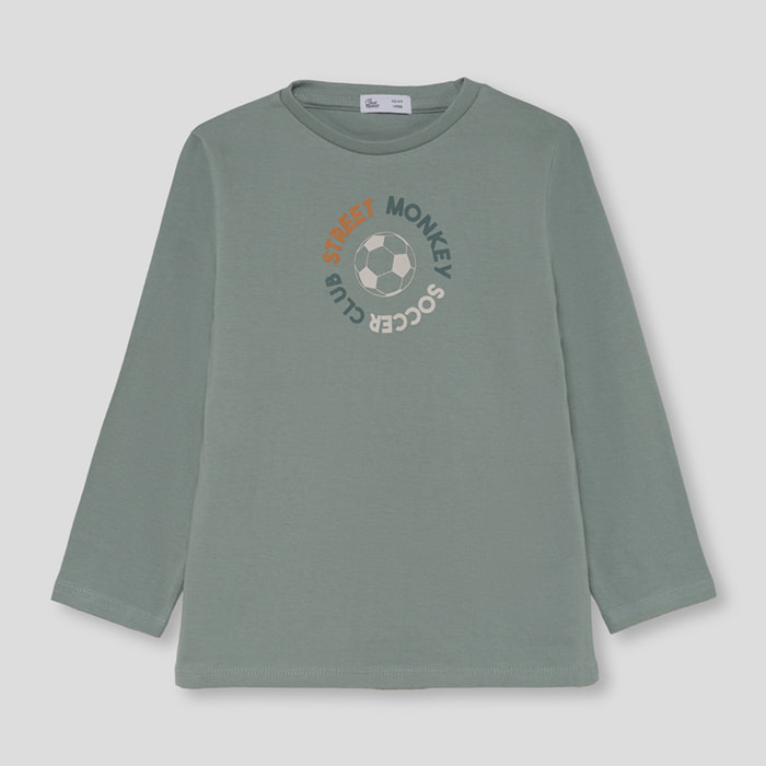 Camiseta niño verde de manga larga de punto, estampado Street Monkey Soccer Club, cuello redondo | Color: Verde medio | Street Monkey