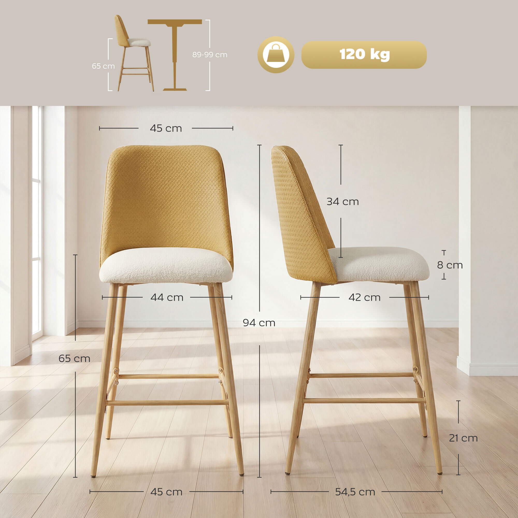 Juego de 2 Taburetes de Bar, Taburetes Altos de Cocina con Respaldo y Reposapiés, Tapizados de Lino y PU, Marco de Acero, Asiento de 65 cm de Altura, para Mostrador, Comedor, Marrón