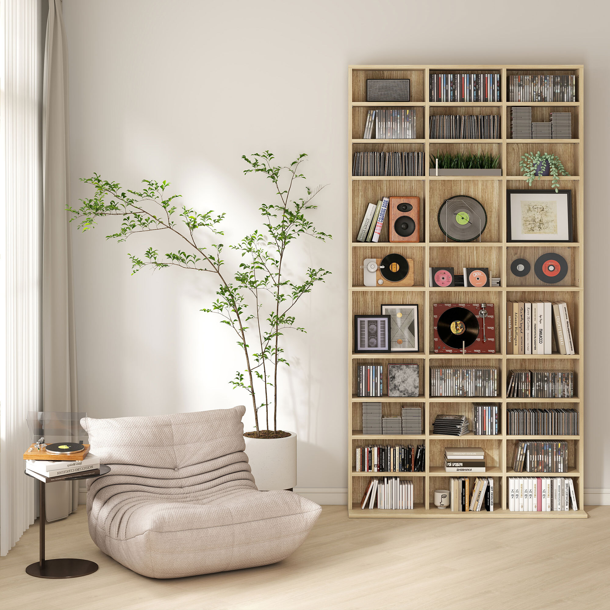 Étagère rangement CD/DVD meuble de rangement pour 1116 CDs 33 compartiments réglables en hauteur 102 x 24 x 195 cm effet bois clair