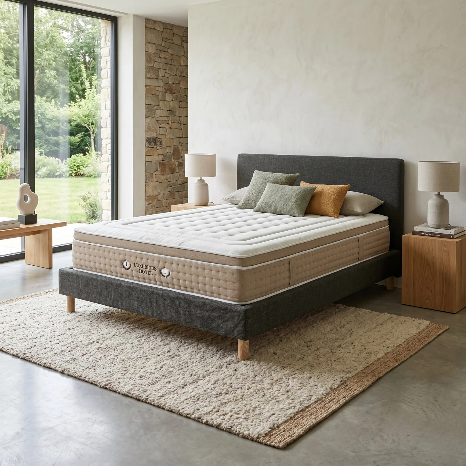 Ensemble matelas Bali & lit fixe Colisée | Mémoire de forme et ressorts ensachés | cadre à lattes | Tissu | Gris foncé