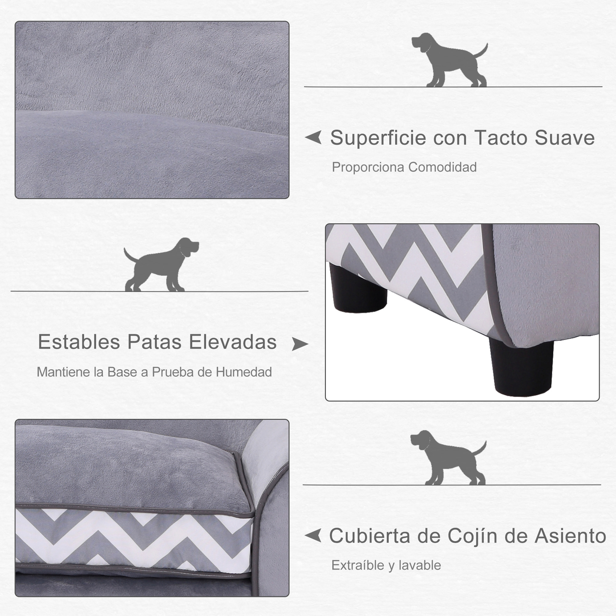 Sofá para Mascotas de Madera PVC Espuma 73,5x41x33cm Gris