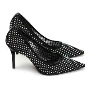 Dècolletè pumps in simil pelle con tomaia bucherellata ricoperta di strass