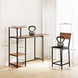 Juego de Mesa y Taburetes de Bar Mesa Alta de Cocina con 2 Taburetes Laterales Abatibles Soporte para Vinos y Estantes Estilo Industrial Marrón y Negro