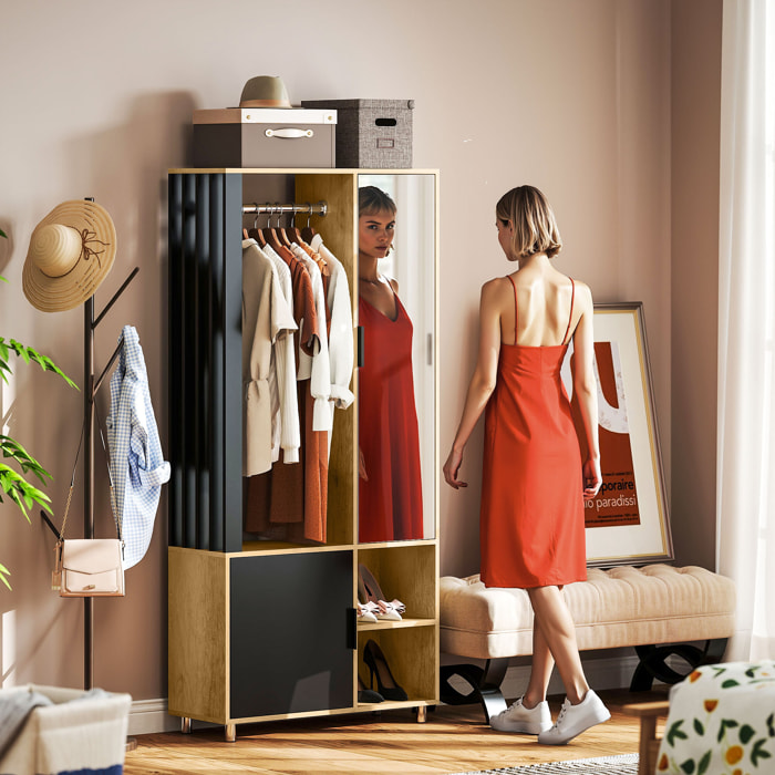 Armario Dormitorio con Puerta con Espejo, Armario Ropero con Barra para Colgar, 2 Compartimentos Abiertos, Estilo Moderno, 80x30x170 cm, Natural y Negro