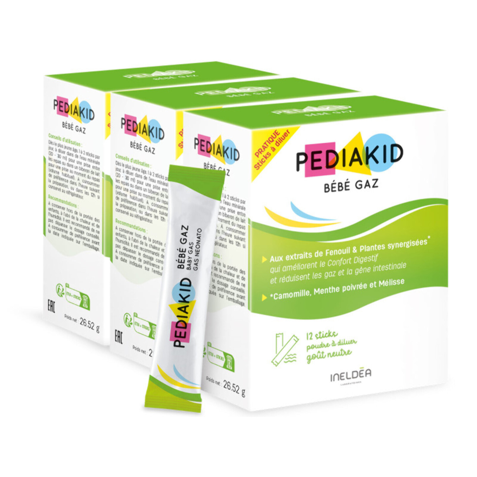 PEDIAKID - Bébé Gaz - Aux extraits de plantes & fibres - Aide à réduire les gaz et à améliorer le confort digestif - Dès la naissance - Format sticks de poudre à diluer facile à utiliser - Lot de 3