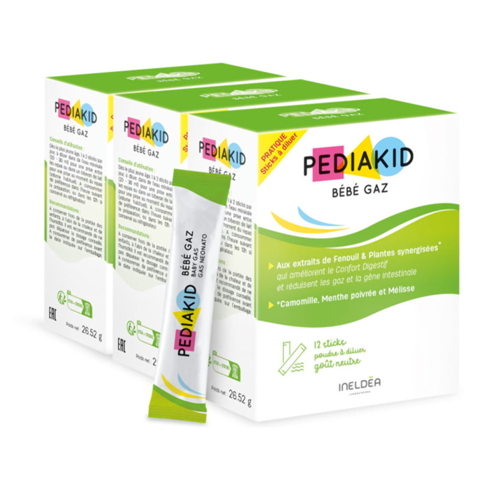 PEDIAKID - Bébé Gaz - Aux extraits de plantes & fibres - Aide à réduire les gaz et à améliorer le confort digestif - Dès la naissance - Format sticks de poudre à diluer facile à utiliser - Lot de 3