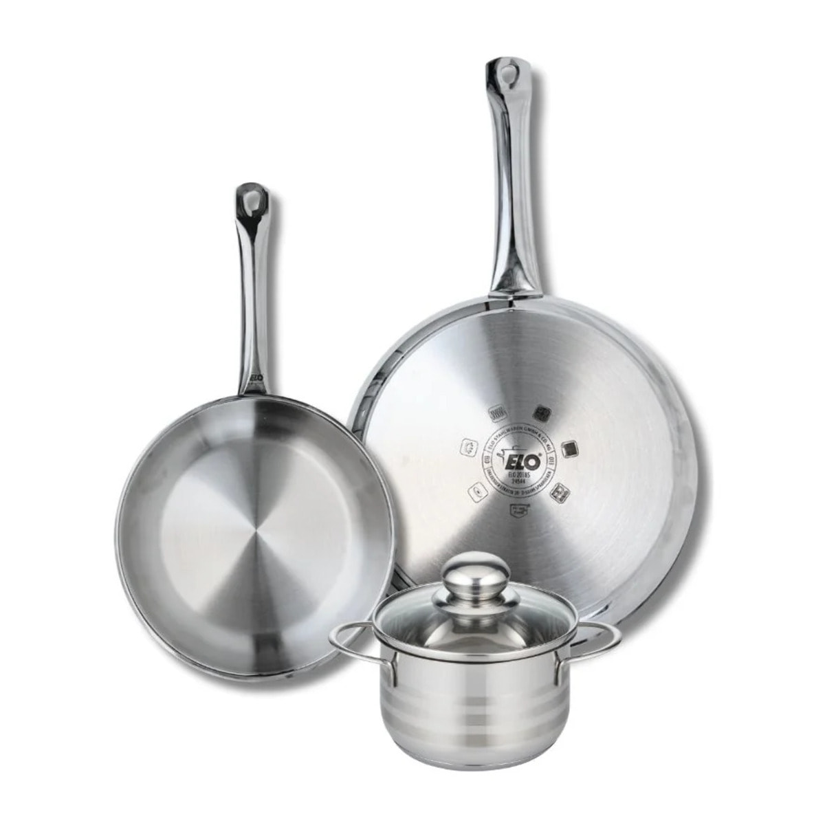 Ensemble de 2 Poêles de cuisson 24 et 28 cm et 1 faitout 14 cm Elo Profi Brillant