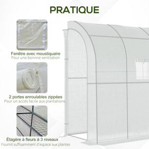 Serre de jardin adossée serre adossée dim. 2L x 1l x 2,13H m 4 étagères 2 portes zippées 1 fenêtre acier PE haute densité blanc