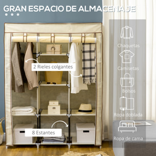 HOMCOM Armario de Tela Plegable Armario Portátil con 8 Estantes de Almacenaje y 2 Barras para Colgar Organizador de Ropa para Dormitorio Vestidor 125x43x162,5 cm Crema