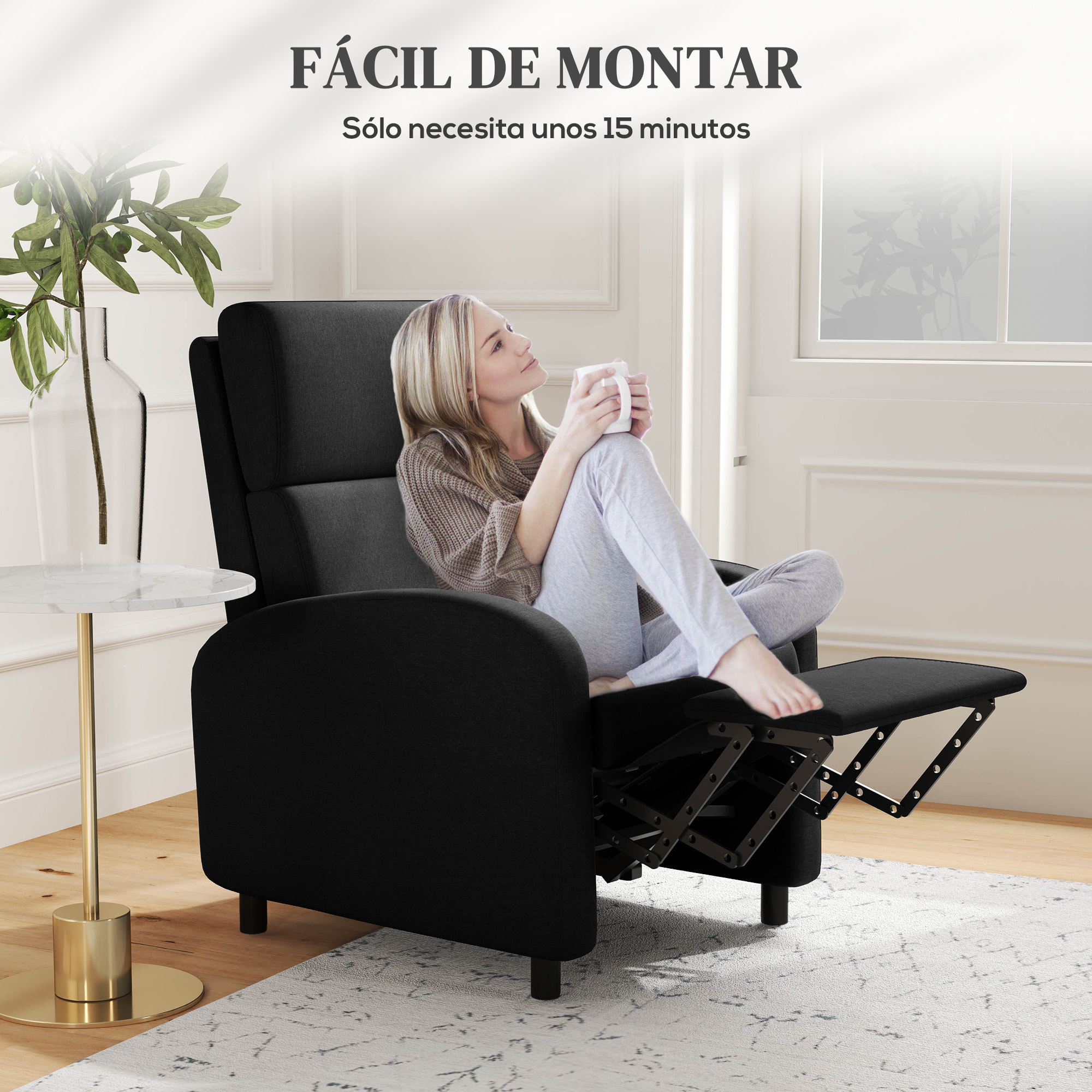 Sillón Relax Reclinable Manual Sillón Relax Tapizado en Lino Sintético con Reposapiés Respaldo Alto Carga 120 kg Butaca Reclinable para Dormitorio Oficina Negro