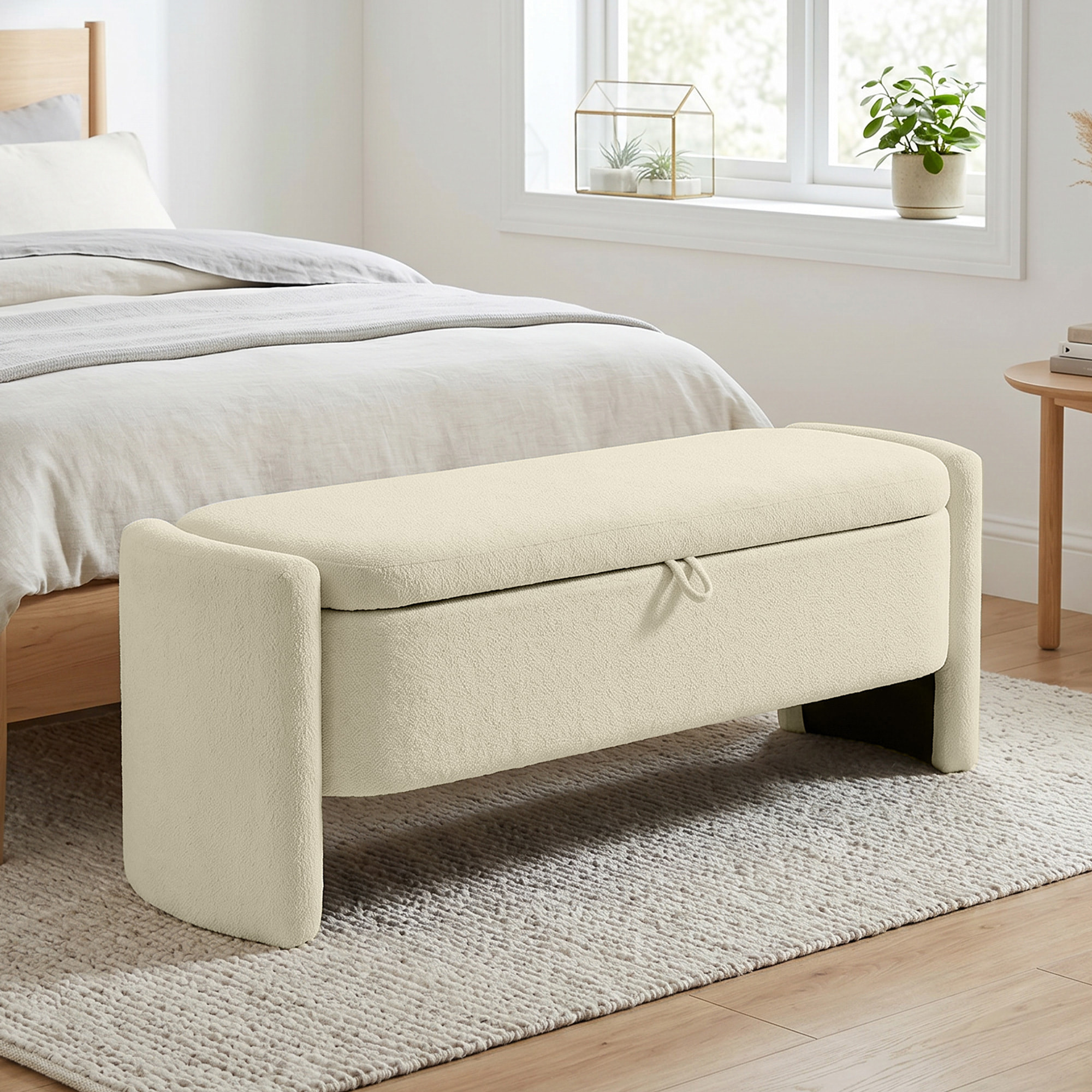 Banquette coffre de rangement design bouclette arrondi beige