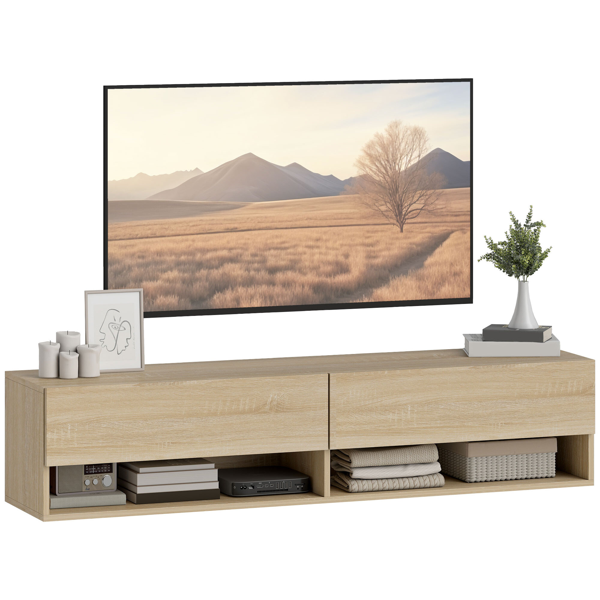 Mueble de TV Suspendido, Mueble de TV para Salón con 2 Cajones Abatibles, 2 Estantes Abiertos, Gestión de Cables, Estilo Moderno, para Televisión 60 Pulgadas, 140x32x31 cm, Madera Natural