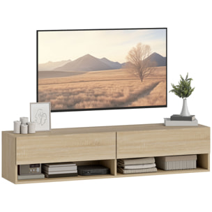 Mueble de TV Suspendido, Mueble de TV para Salón con 2 Cajones Abatibles, 2 Estantes Abiertos, Gestión de Cables, Estilo Moderno, para Televisión 60 Pulgadas, 140x32x31 cm, Madera Natural