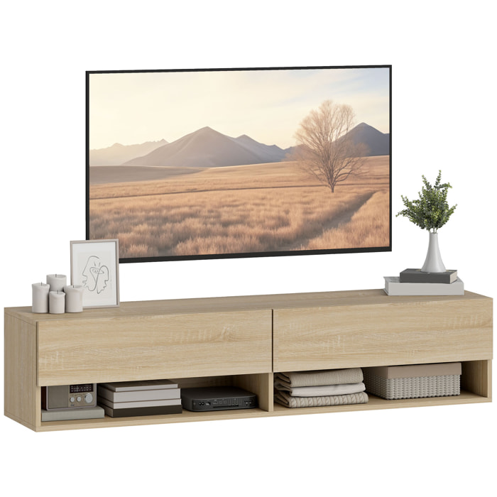 Mueble de TV Suspendido, Mueble de TV para Salón con 2 Cajones Abatibles, 2 Estantes Abiertos, Gestión de Cables, Estilo Moderno, para Televisión 60 Pulgadas, 140x32x31 cm, Madera Natural
