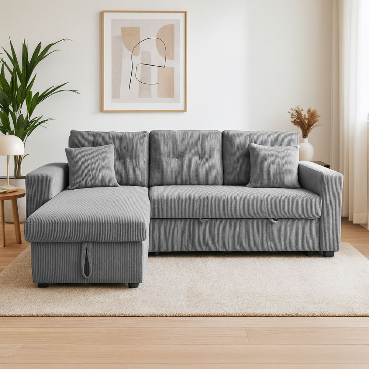 SAN DIEGO Canapé d'angle convertible 4 places avec coffre en velours côtelé gris