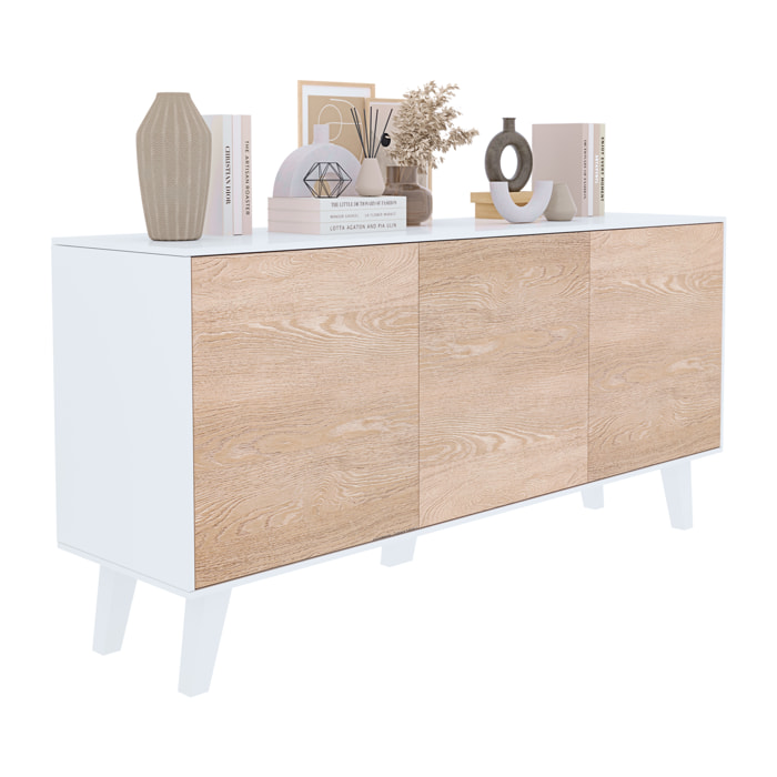 Credenza Gijòn Mobile Mobiletto Soggiorno Salotto Ingresso Sala da Pranzo 3 Ante 154 x 41 x 75 cm Colore Bianco Lucido Rovere Chiaro