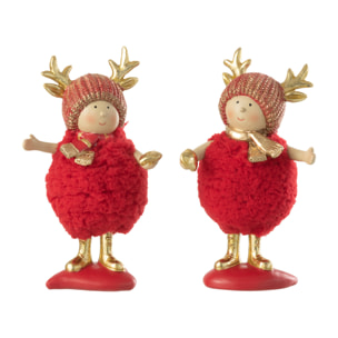 J-Line figurine de Noël Enfant - bois de Renne/polyrésine - rouge/or - medium - 2 pcs