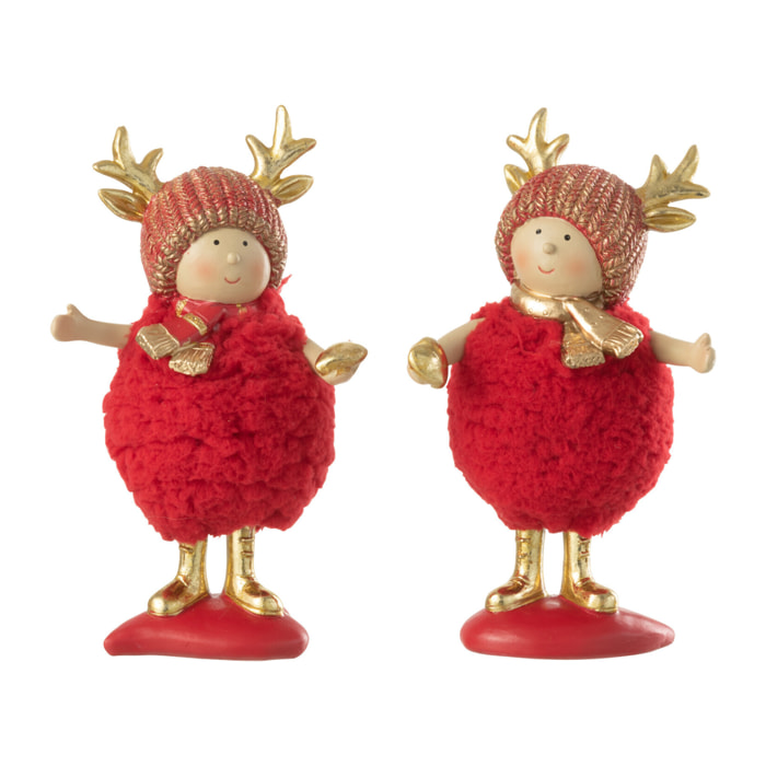 J-Line figurine de Noël Enfant - bois de Renne/polyrésine - rouge/or - medium - 2 pcs