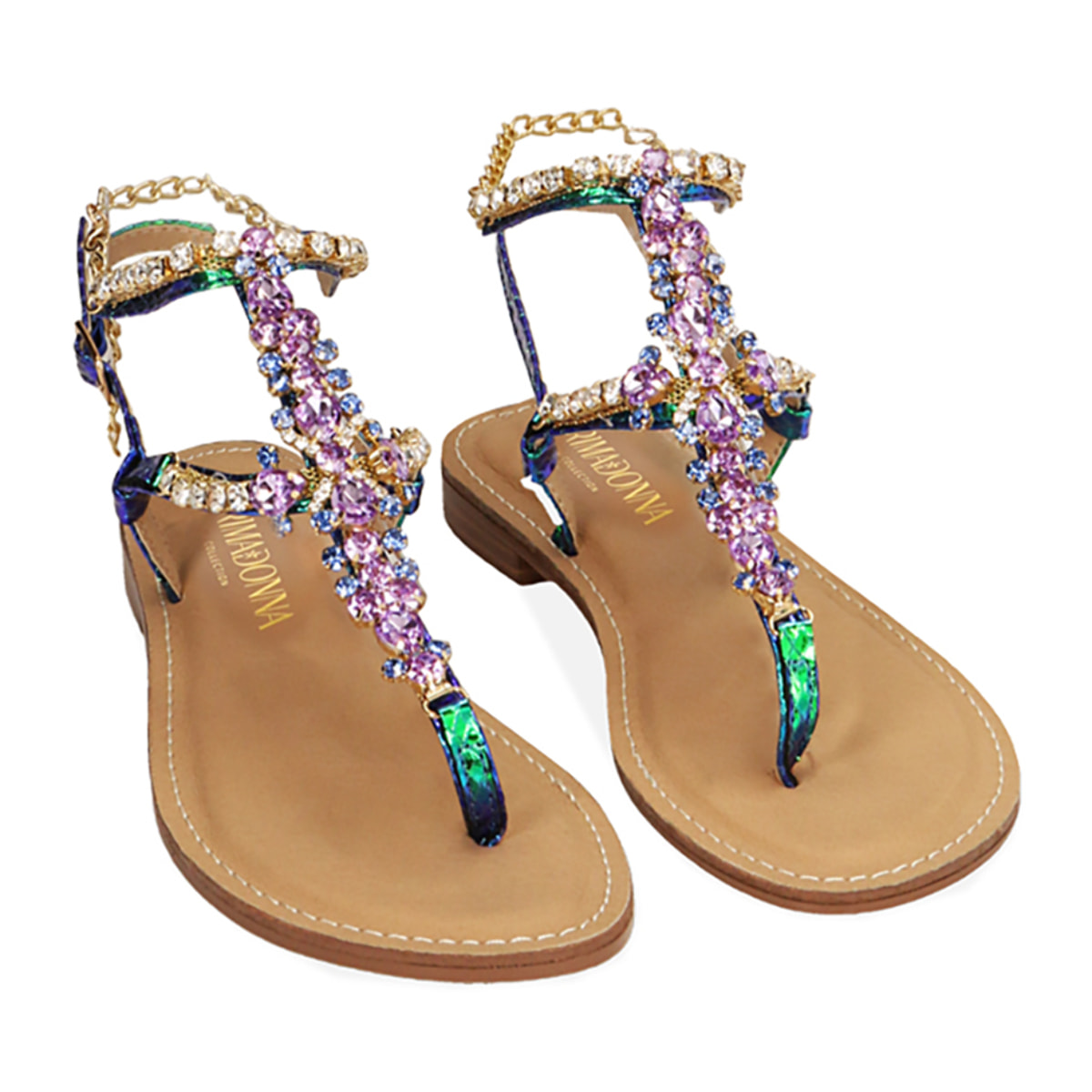 Sandalias planas azul claro con estampado de víbora