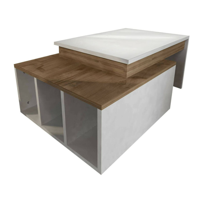 Tavolino da salotto Virgile, Tavolo basso da caffè, Portariviste per divano, Ripiano da soggiorno, 90x60h37 cm, Bianco e Noce