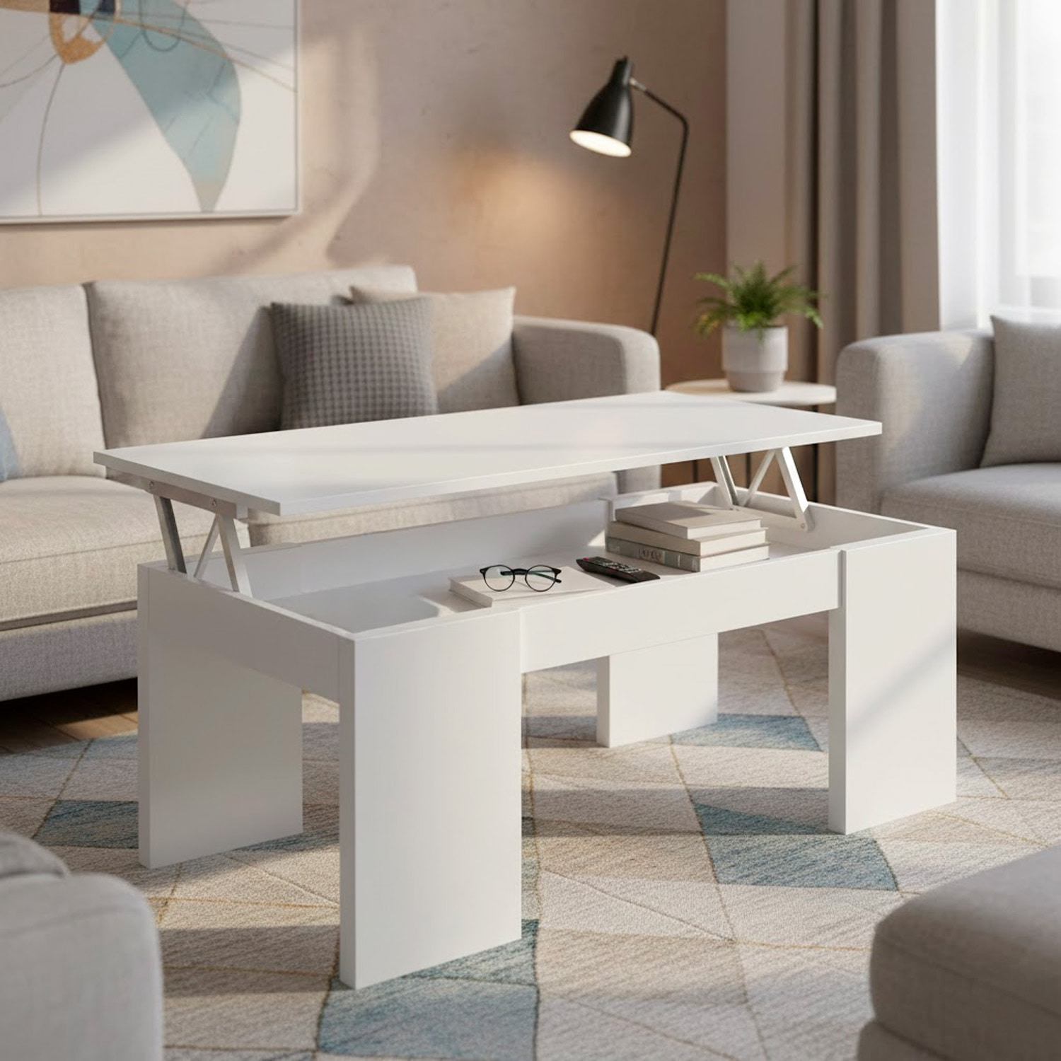 Tavolino Da Caffè Sollevabile Tavolo Da Salotto Rialzabile Salvaspazio Per Mangiare O Lavorare Dal Divano Con Piano Rialzabile 100 x 50 x 42 Cm Bianco