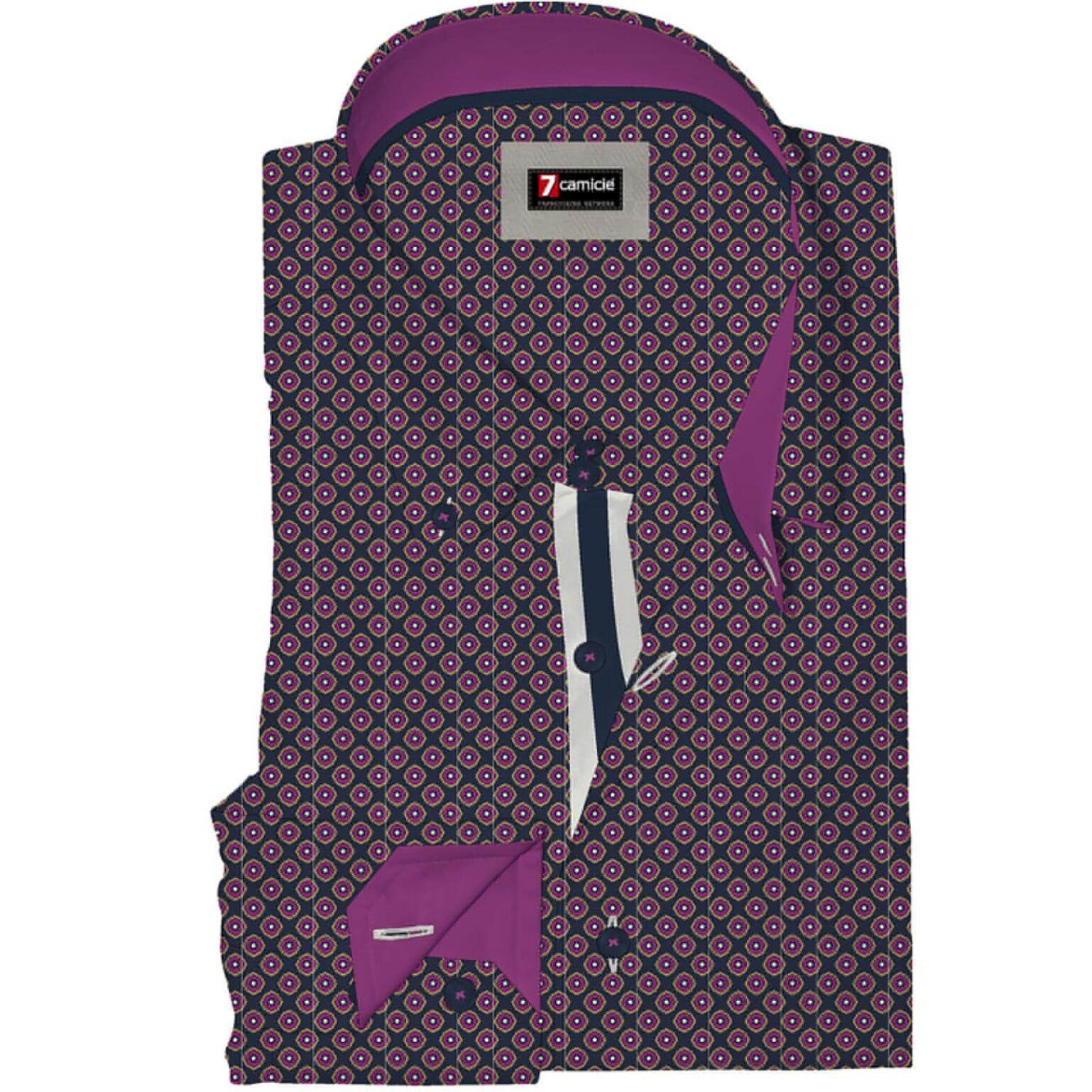 Camicia Uomo 2 Bottoni Button Down Slim Popeline Stampato Blu/Viola Ciclamino