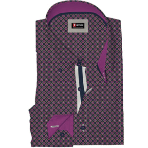 Camicia Uomo 2 Bottoni Button Down Slim Popeline Stampato Blu/Viola Ciclamino