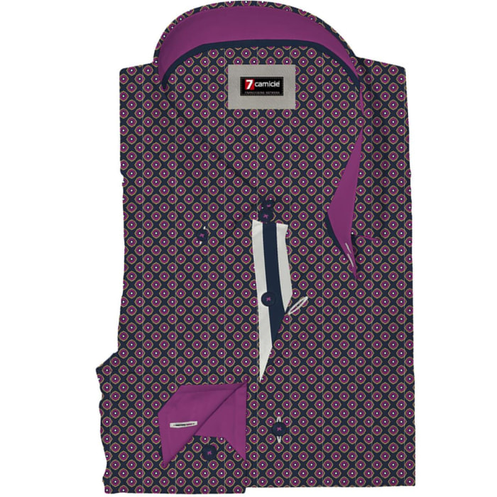 Camicia Uomo 2 Bottoni Button Down Slim Popeline Stampato Blu/Viola Ciclamino