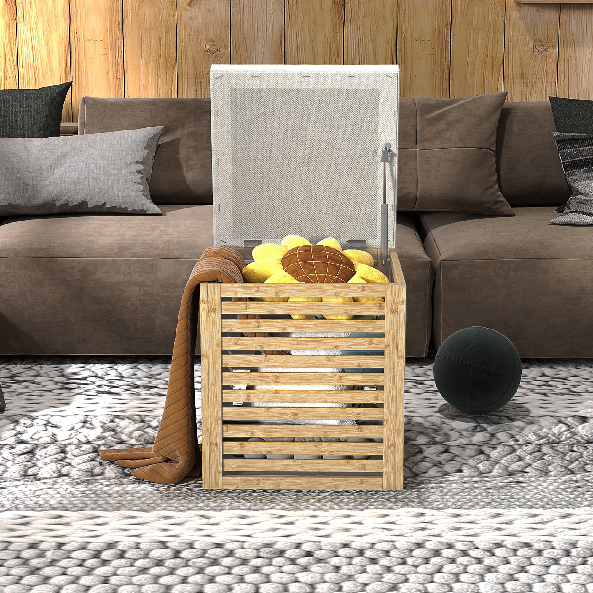 Baúl de Almacenaje para Dormitorio 54,7L Taburete de Almacenaje Tapizado en Lino Sintético con Cojín Marco de Bambú para Entrada Salón 40x40x47 cm Gris y Natural