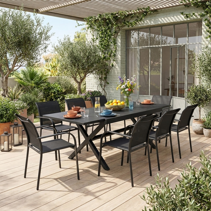 Table de jardin extensible aluminium + 8 assises VENTURA + AMARA