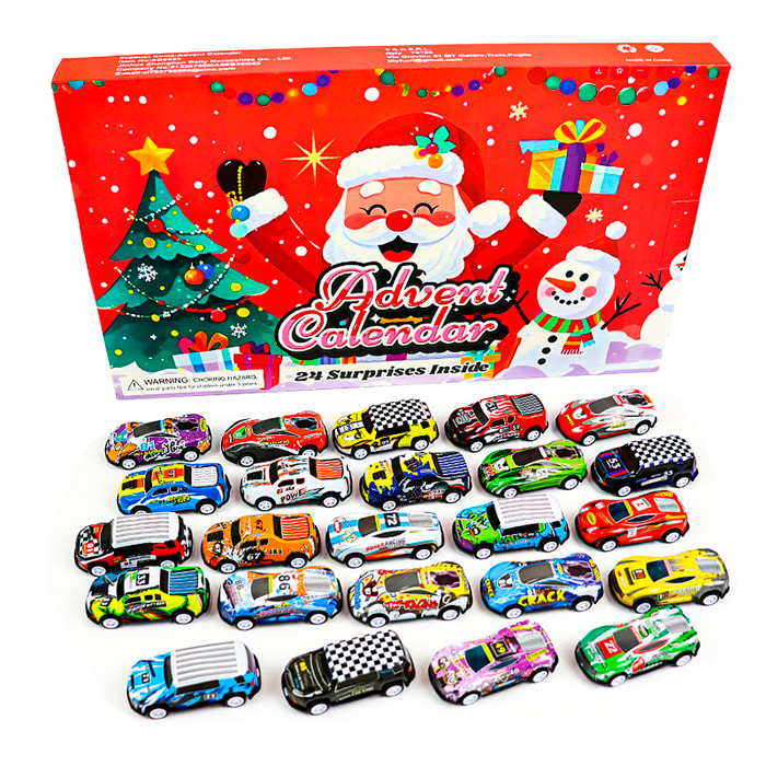 Calendario de adviento con figuritas de regalo para decorar. 24 figuras de coches de carreras diferentes.