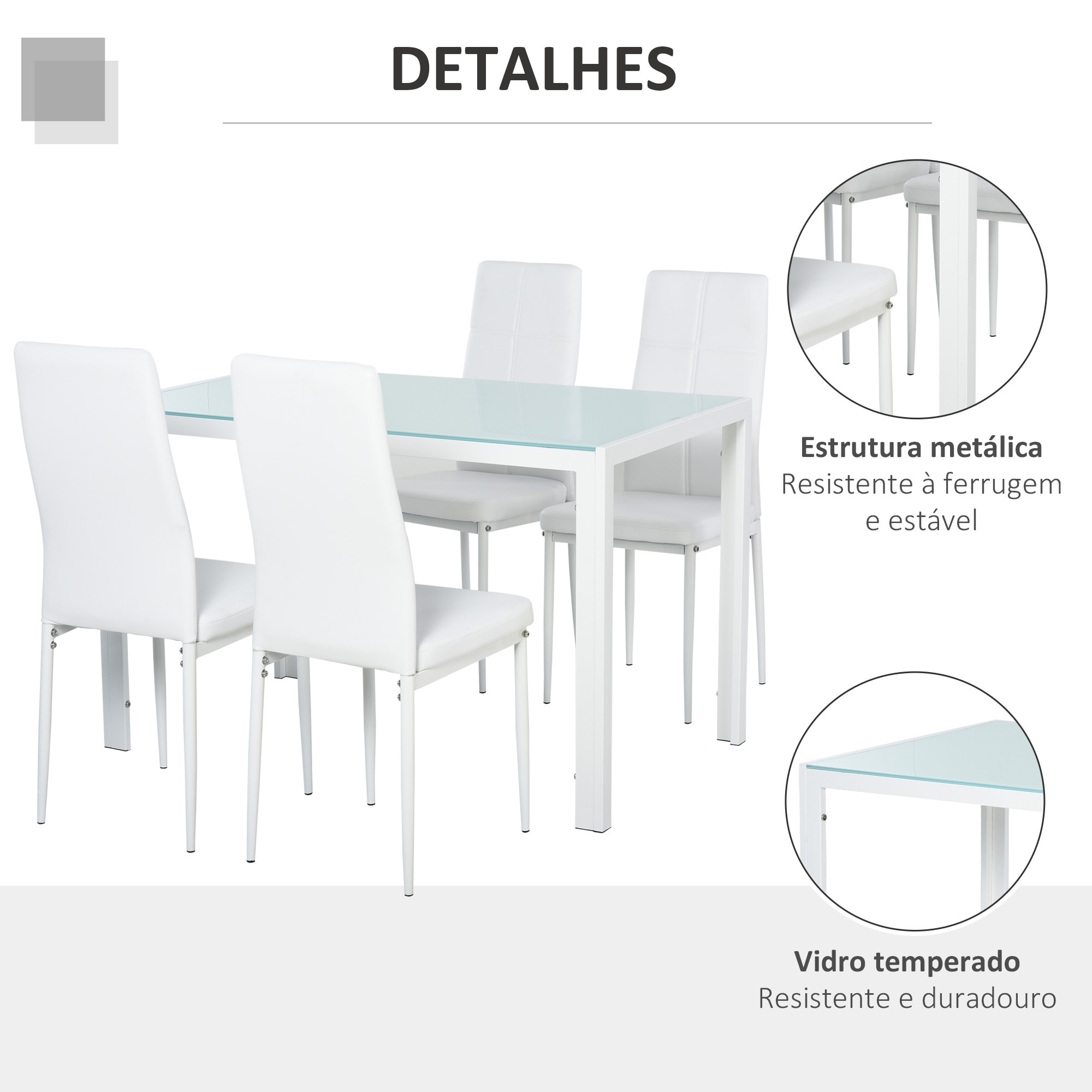 Conjunto de Comedor Mesa y 4 Sillas 5 Piezas Juego de Mueble de Cocina Mesa Rectangular de Vidrio Templado y Sillas Tapizadas en PU con Patas de Metal Blanco