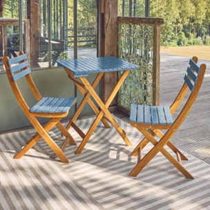 Table de jardin pliante bois d'acacia + 2 assises bleu HILORA . table carrée