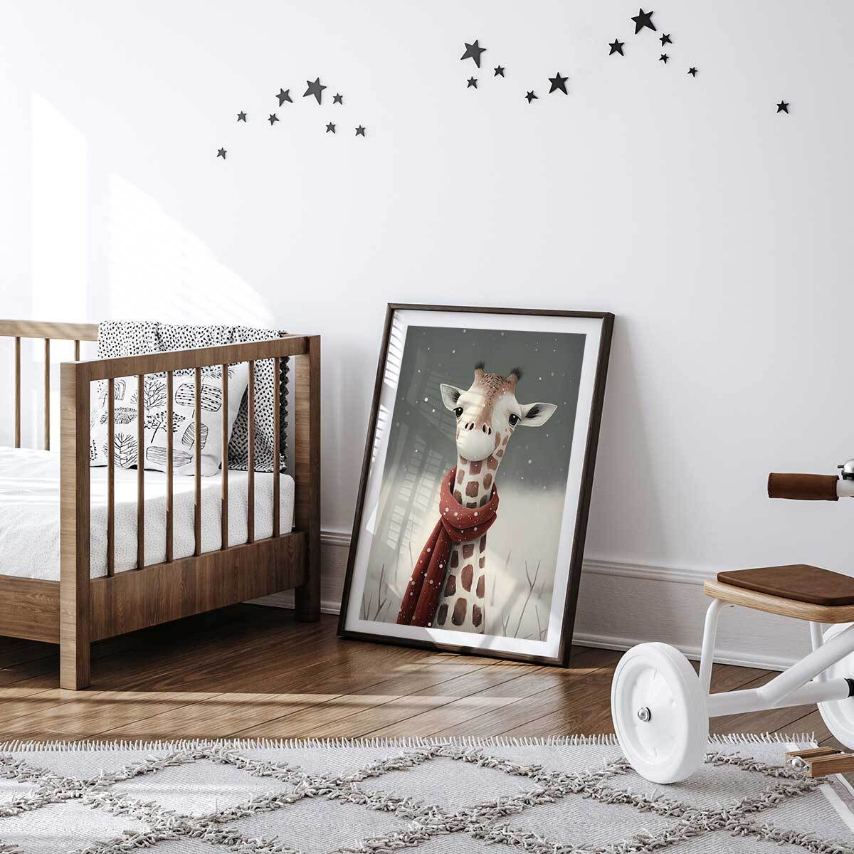 Affiche enfant girafe sous la neige  Affiche + cadre en bois - Noir