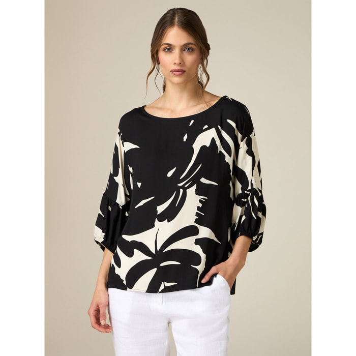 Oltre - Camiseta bimaterial floral - Negro