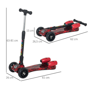 Trottinette pliable 3 roues pour enfant roues lumineuses pulvérisation arrière d'eau fonction musicale rouge dim. 61L x 26l x 63-81H cm