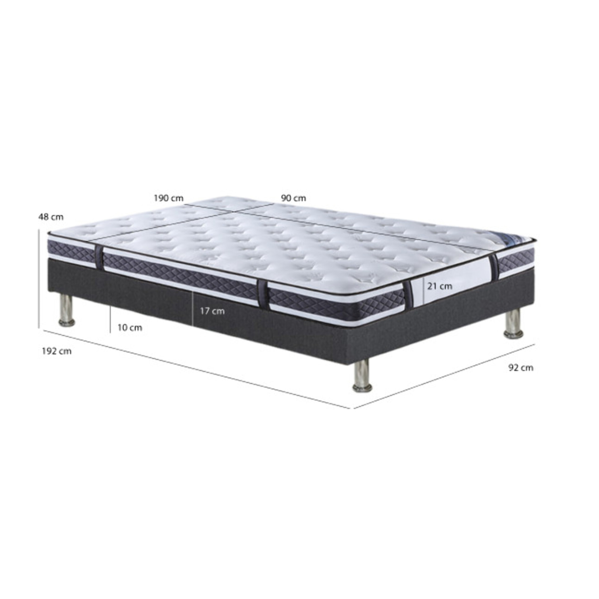 Ensemble matelas et sommier 90x190 cm en tissu gris - LOIRE