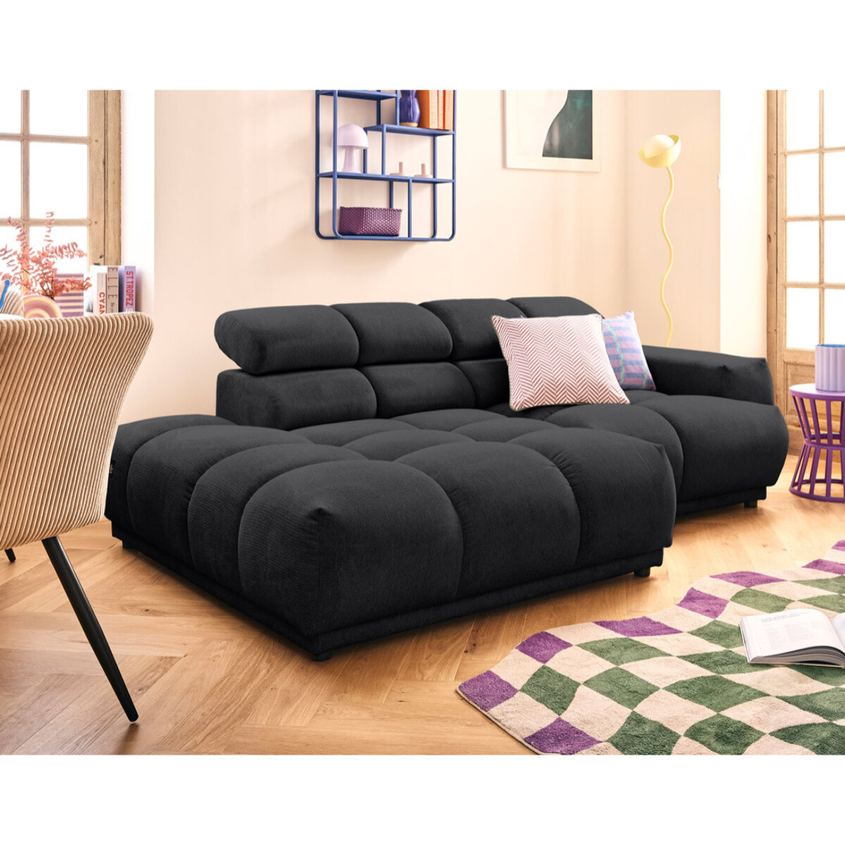 Matera - canapé d'angle gauche 4 places avec têtières réglables en tissu texturé - Noir