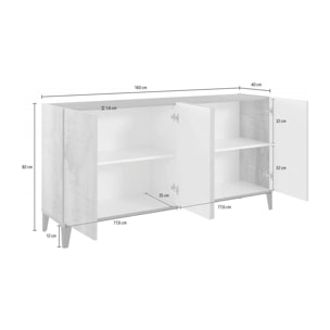 Credenza moderna a 4 ante, Made in Italy, Madia da cucina rialzata, Buffet di design da soggiorno, Cm 160x40h82, Bianco lucido e Acero